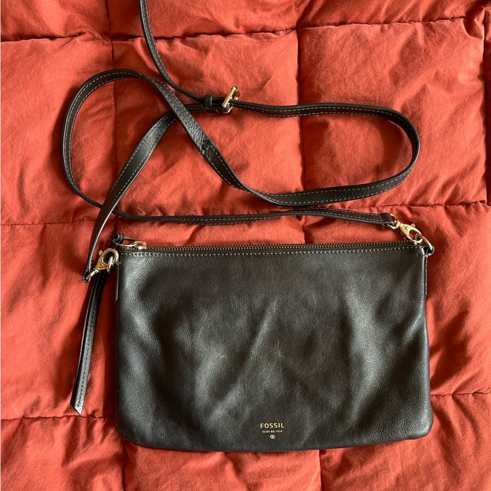 Fossil Black Leather Crossbody Shoulder Bag